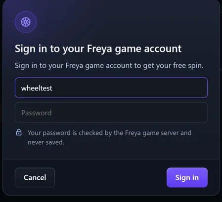 Connexion à votre compte de jeu Freya, avec le nom d’utilisateur, le mot de passe et le bouton « Sign in »