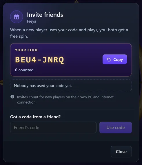 Inviter des amis sur Freya : votre code avec le bouton « Copy », le nombre d’amis validés, la règle et « Got a code from a friend »