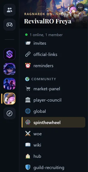 La communauté RevivalRO Freya dans Syphon Chat, avec le salon spinthewheel sélectionné
