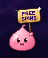 Un Poring rose qui tient une pancarte « FREE SPINS »