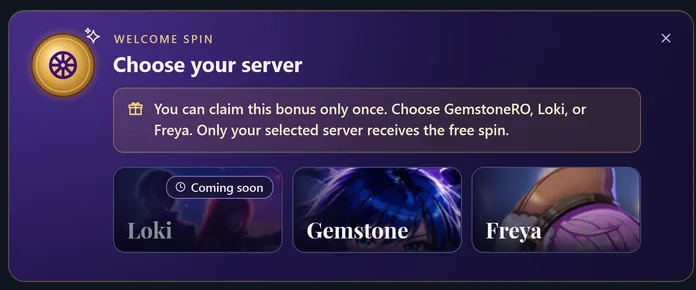 Choisissez votre serveur : l’avertissement « une seule fois », puis Loki (Coming soon), Gemstone et Freya