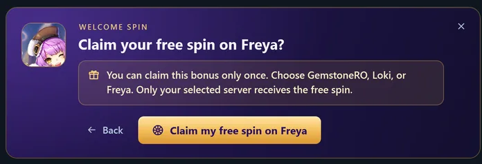 Réclamer votre tour gratuit sur Freya ? L’avertissement « une seule fois », puis les boutons « Back » et « Claim my free spin on Freya »