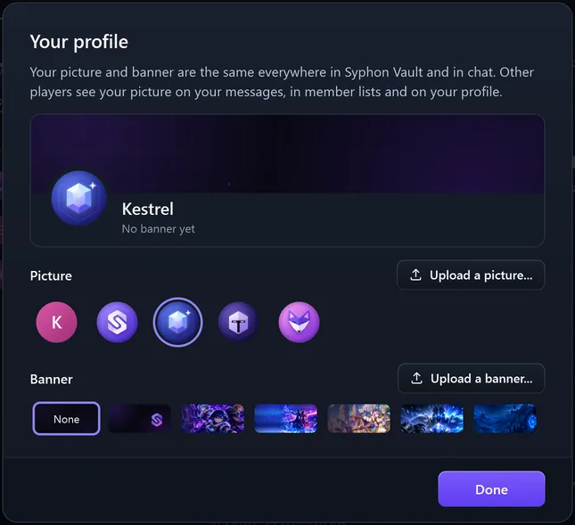 Votre profil dans Syphon Vault : les images, le bouton « Upload a picture » et les bannières