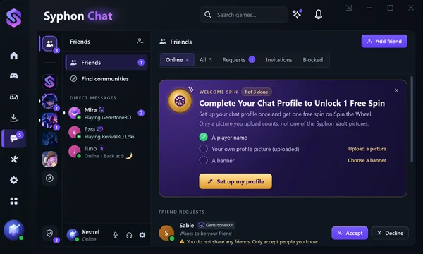 Syphon Vault avec Chat ouvert : en haut de « Friends », la carte pour compléter votre profil de chat et débloquer 1 tour gratuit