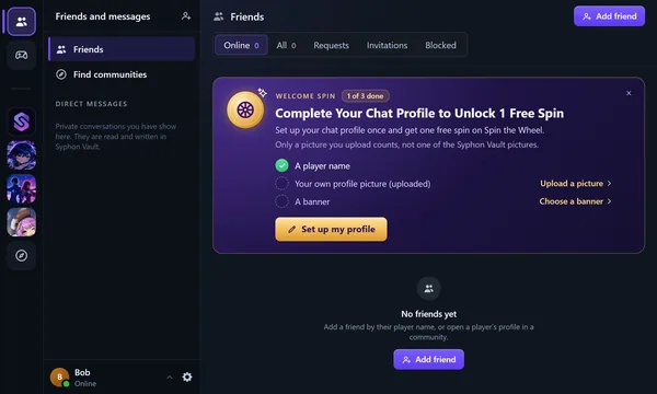 Syphon Chat dans le navigateur : la même carte en haut de « Friends »