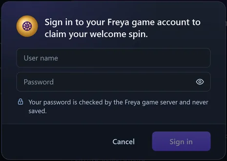 Connexion à votre compte de jeu Freya pour réclamer votre tour de bienvenue, avec le nom d’utilisateur, le mot de passe et le bouton « Sign in »