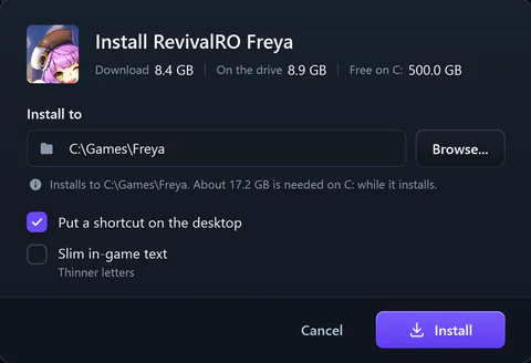 The Syphon Vault install window for RevivalRO Freya, installing to C:\Games\Freya