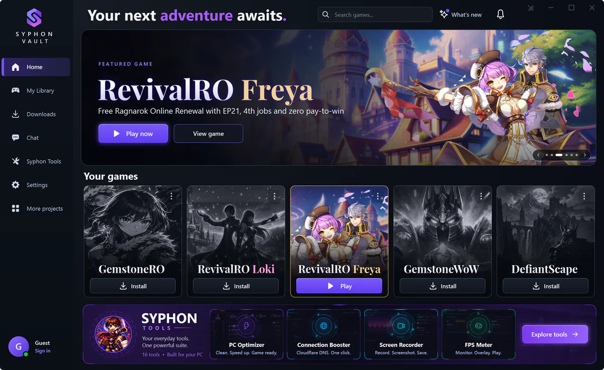The Syphon Vault launcher on its Home screen: RevivalRO Freya featured with Play now, and ready to play in Your games